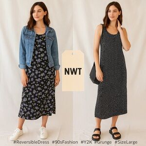 NWT Impressions Reversible Floral & Polka Dot Dress Size L Y2K Grunge